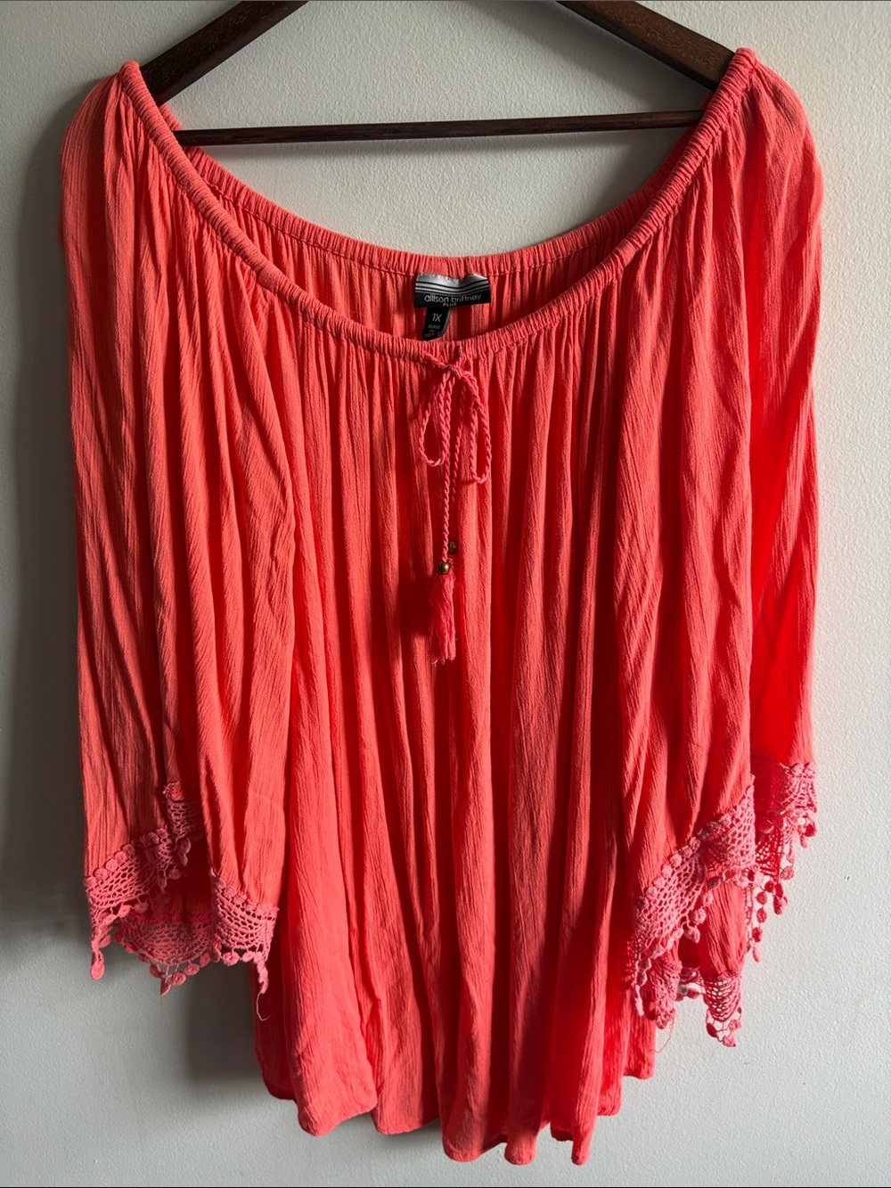 Allison Brittney Plus 1X Coral Boho Peasant Top Crochet Lace Tassel